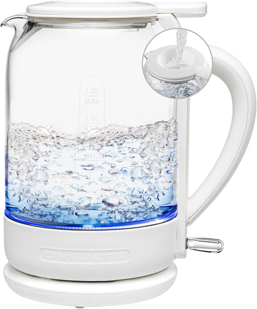 Electric Kettle with 1.5L Borosilicate Glass, 1500W Fast Boiling Water Heater for Coffee or Tea, Easy to Fill Lid, Auto Shut-Off, Boil-Dry Protection & Stainless Steel Filter, White KG516W